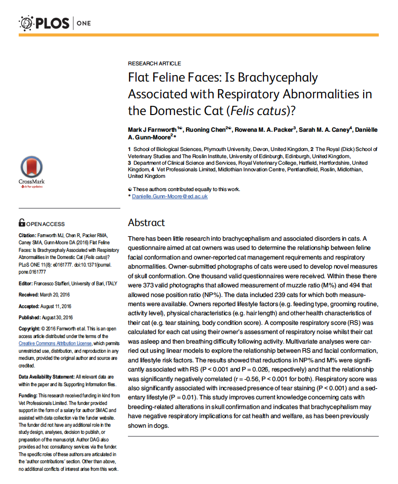 Flat Feline Faces: Is Brachycephaly Associated with Respiratory Abnormalities in the Domestic Cat (Felis catus)? 